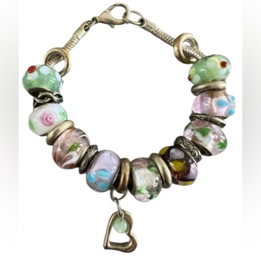 Classy gold tone snake chain bracelet with multicolored charms & a dangle heart